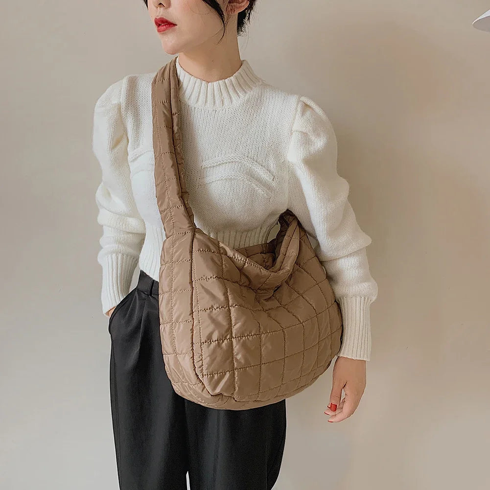 Autumn Winter Vintage Shoulder Bag Nylon Lattice Design Shoulder Bag Pure Color Large Capacity Crossbody Bags