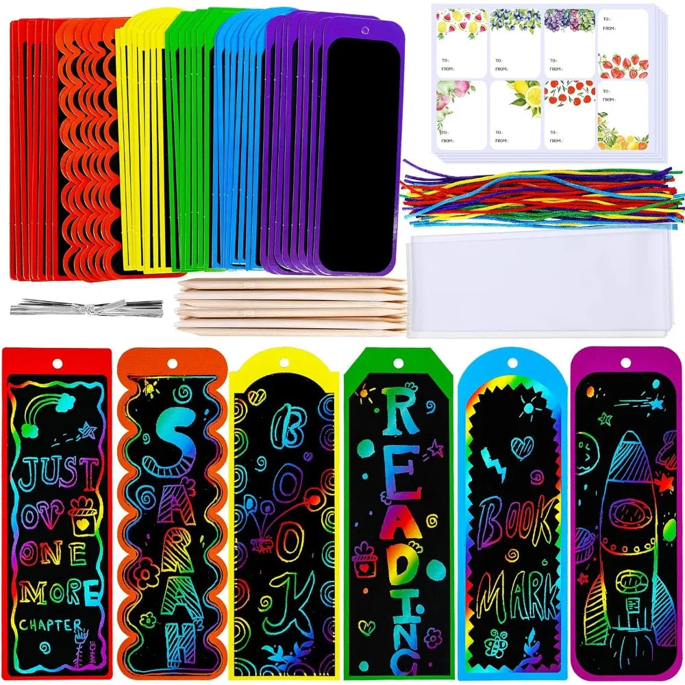 48 sets of 6 styles of magical color scratch bookmark craft kits, rainbow scratch paper children's art sets, student gathering