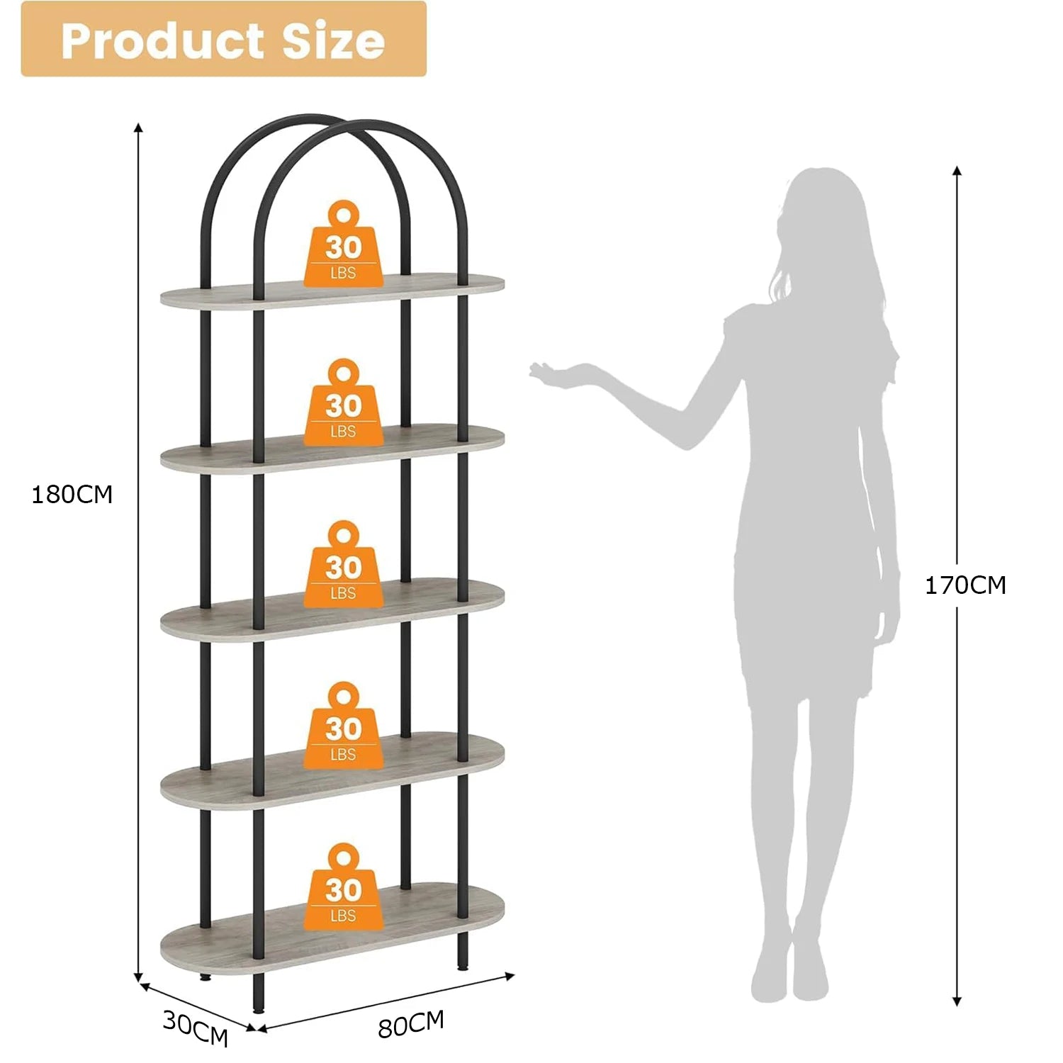 71" Arched Bookshelf 5 Tier Freestanding Bookcase Open Plant Stand Display Rack Shelving with Metal Frame for Living Room Office