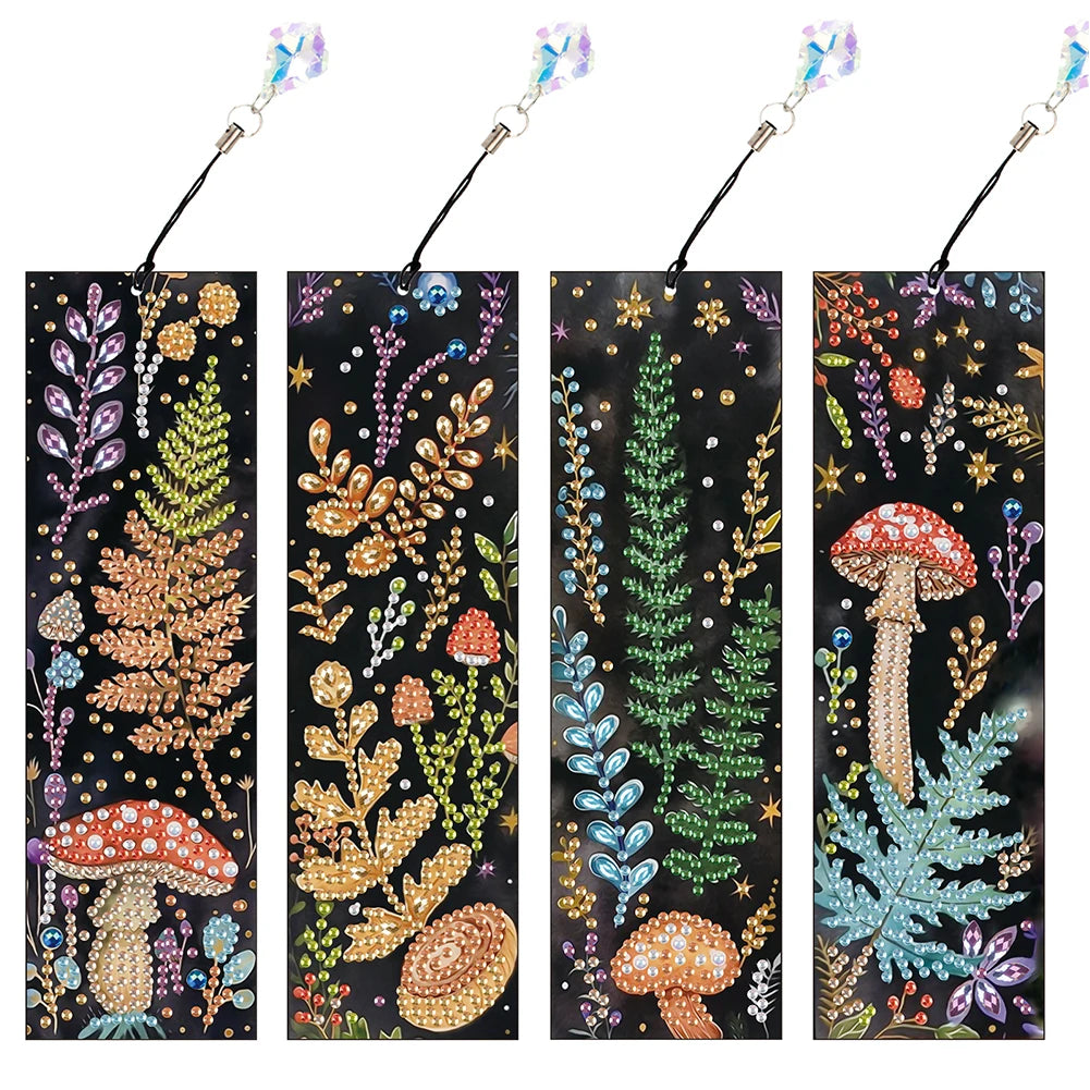 4Pcs Special Shape Flowers Mushroom DIY Bookmarks Diamond Painting Kits Diamond Art Bookmark with Pendant for Adults Beginners