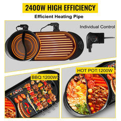 2 in 1 Electric Hot Pot Grill 3.25L Multifunctional Teppanyaki Indoor BBQ Nonstick Cooking Pot with Temperature Control