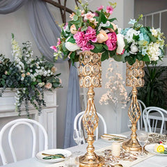 2/10 Piece Set Metal Diamond Crystal Vase, 24 Inch Gold Multi-Purpose Tall Flower Stand, Wedding Centerpiece Birthday Party Home