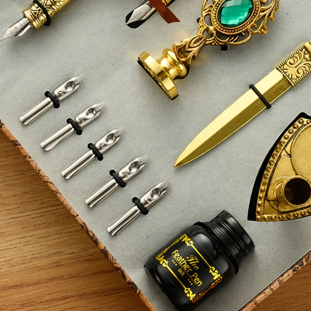 Retro Feather Pen Writing Ink Set Creative Exquisite Feather Dip Fountain Pen Sets Stationery Crafts Gifts for Student DIY