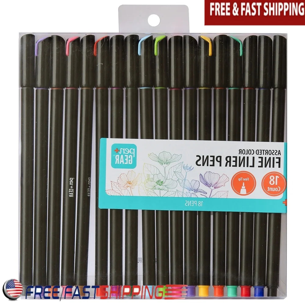 Fine Liner Pens 18 Count Assorted Colors Non-Toxic Fine Tip Smudgeproof Acetate Ink Art Supplies Drawing Journal Stationery