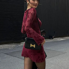 New Dresses Women Autumn O-Neck Sexy Wine Red Streetwear Fashion Print Long Sleeves Dresses Lady Knitted Pullover Clothing Dress