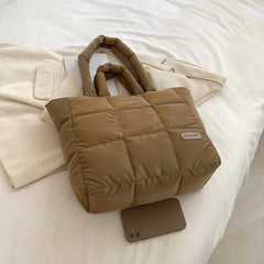 Women Light Shopping Bag Solid Color Checkered Quilted Handbag Large Capacity Fashion Autumn Winter Female Bag