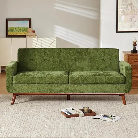 "Mid-Century Modern Olive Green Chenille 2-Seater Loveseat Sofa for Small Living Rooms and Office Spaces"