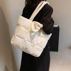 Women Light Shopping Bag Solid Color Checkered Quilted Handbag Large Capacity Fashion Autumn Winter Female Bag