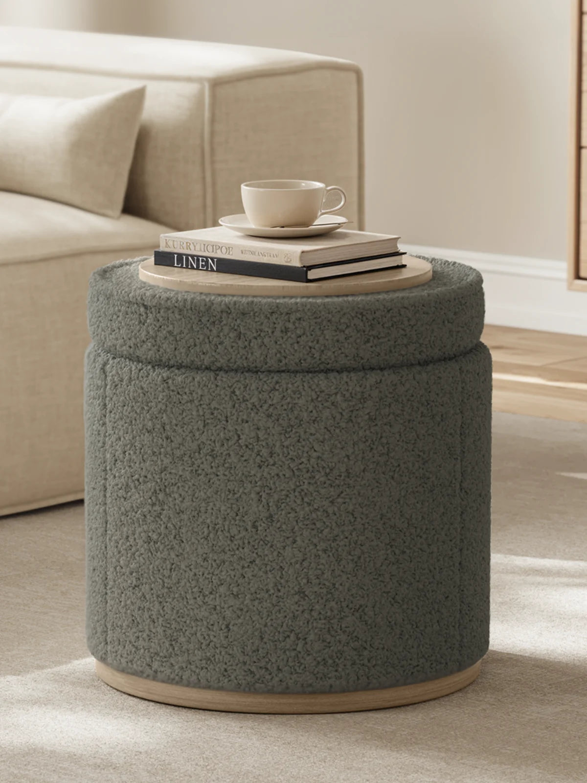 Round Storage Ottoman with Tray-Vanity Stool,Round Coffee Table,Upholstered Footrest for Living Room,Bedroom＆Corners（Dark Gray）