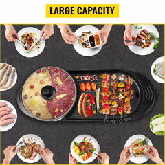 2 in 1 Electric Hot Pot Grill 3.25L Multifunctional Teppanyaki Indoor BBQ Nonstick Cooking Pot with Temperature Control