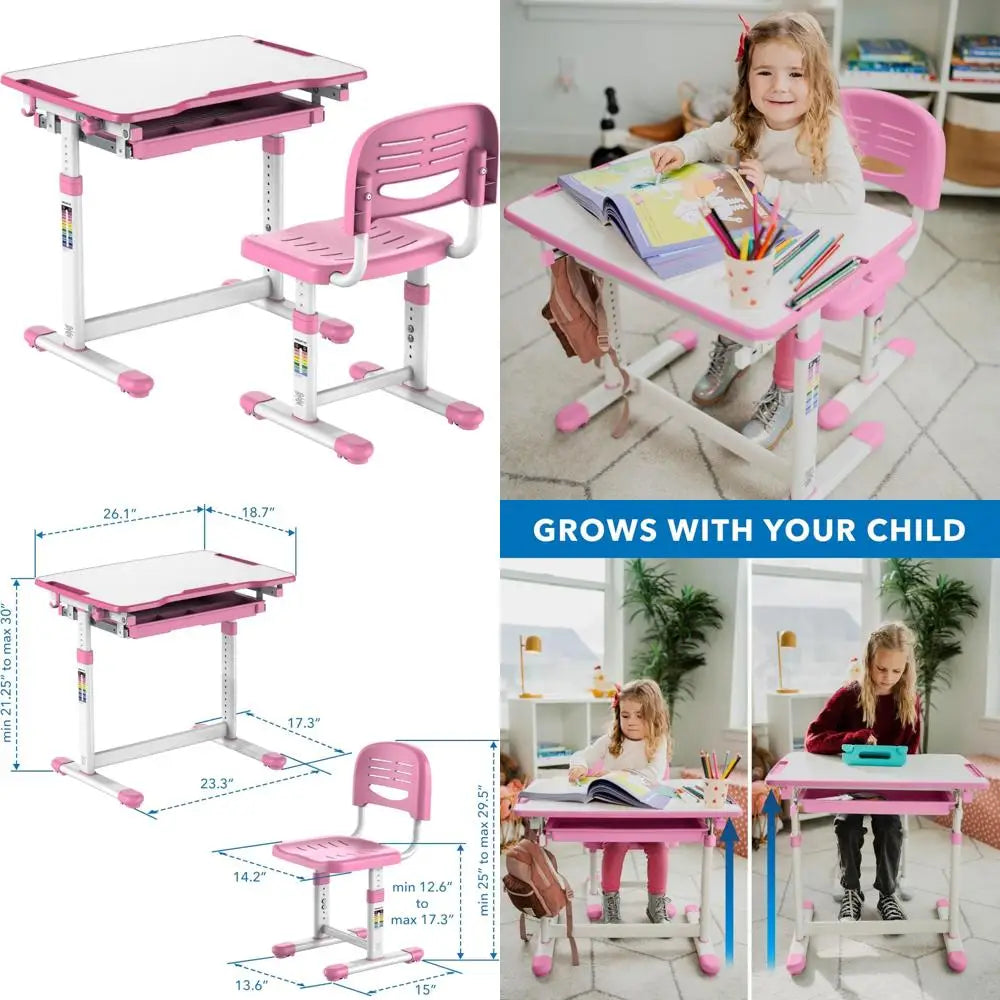 Height-Adjustable Sturdy Kids Desk and Chair Set for Girls, Suitable for Boys, Ideal for Studying and Art Activities
