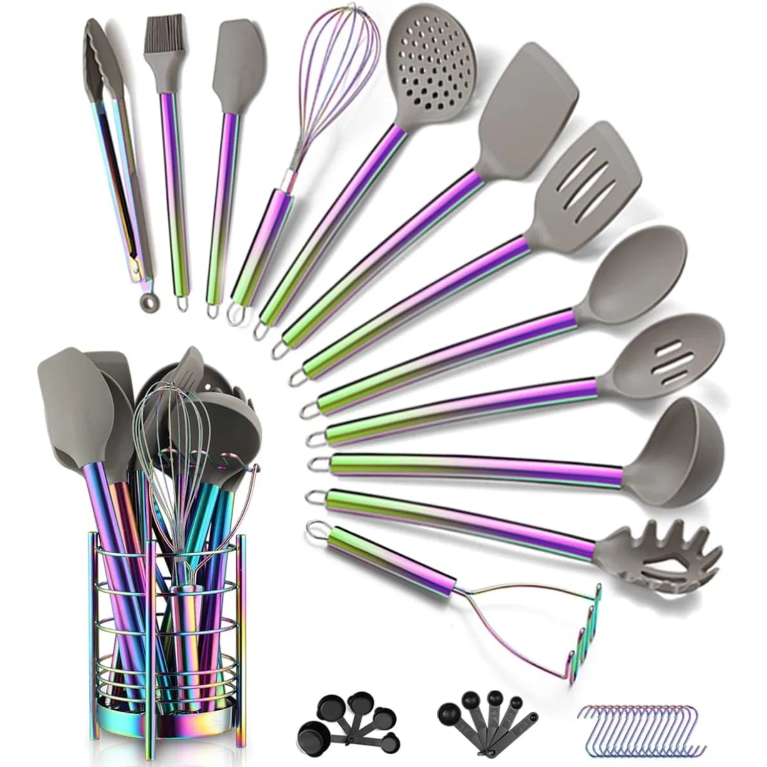 38 Piece Silicone kitchen Cooking Utensils Set with Utensil Crocks, Silicone Head and Stainless Steel Handle Cookware