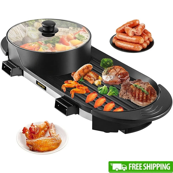 2 in 1 Electric Hot Pot Grill 3.25L Multifunctional Teppanyaki Indoor BBQ Nonstick Cooking Pot with Temperature Control