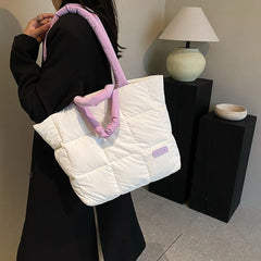 Women Light Shopping Bag Solid Color Checkered Quilted Handbag Large Capacity Fashion Autumn Winter Female Bag