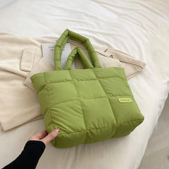Women Light Shopping Bag Solid Color Checkered Quilted Handbag Large Capacity Fashion Autumn Winter Female Bag