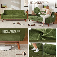 "Mid-Century Modern Olive Green Chenille 2-Seater Loveseat Sofa for Small Living Rooms and Office Spaces"