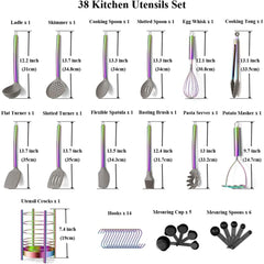 38 Piece Silicone kitchen Cooking Utensils Set with Utensil Crocks, Silicone Head and Stainless Steel Handle Cookware