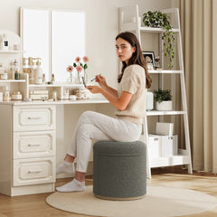 Round Storage Ottoman with Tray-Vanity Stool,Round Coffee Table,Upholstered Footrest for Living Room,Bedroom＆Corners（Dark Gray）